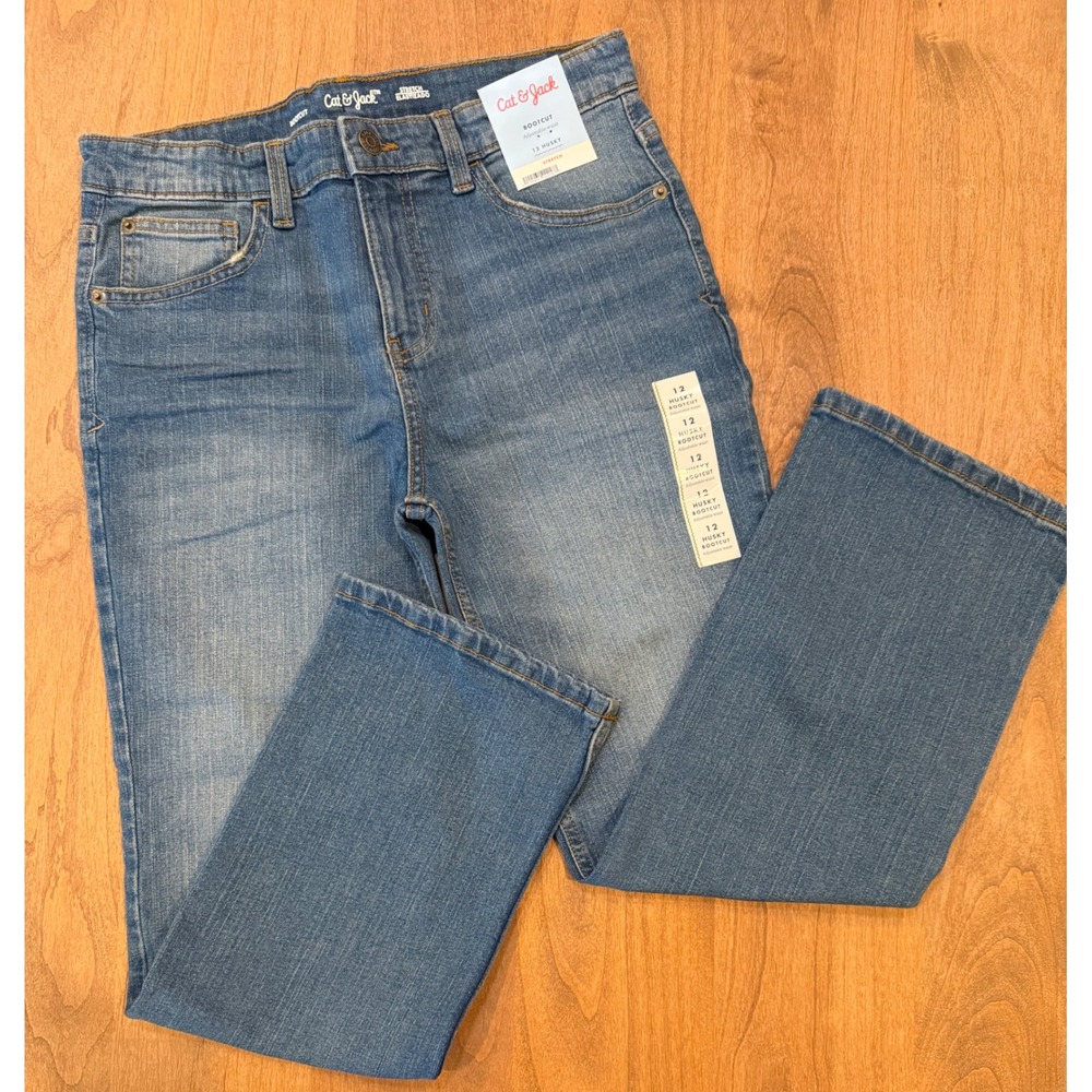 Cat & Jack Boys Bootcut Jeans Medium Wash Adjustable Waist 12 Husky NWT